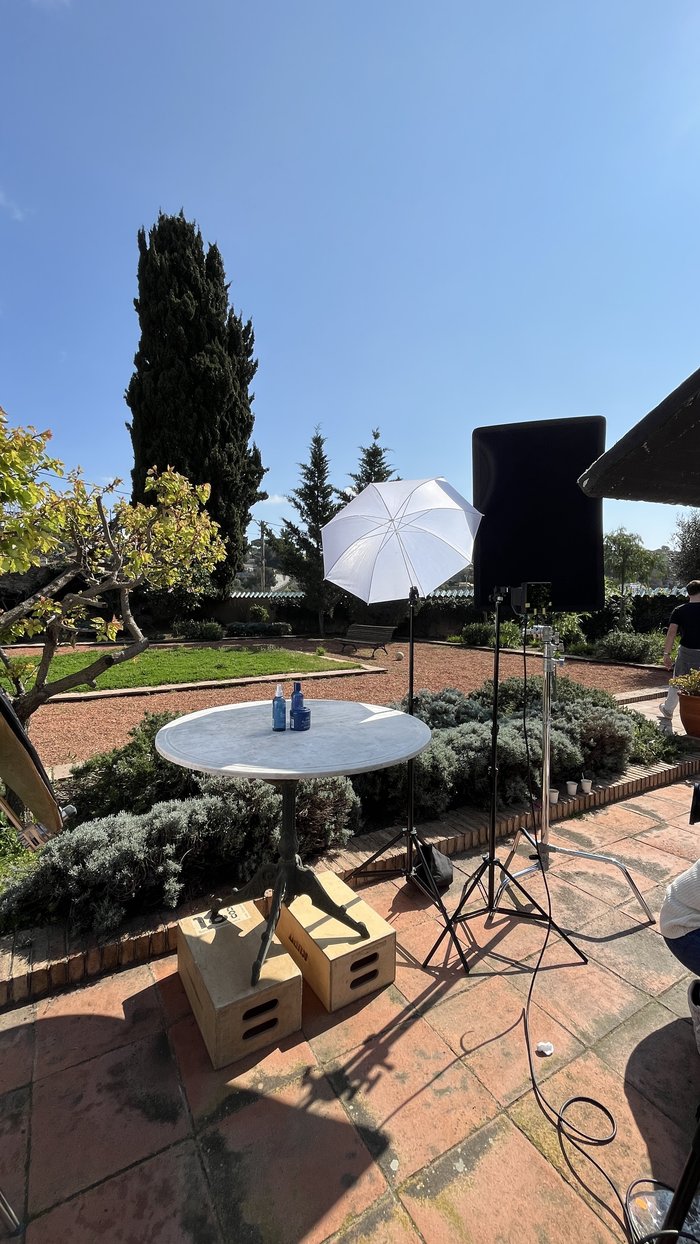 Lighting setup ready in a Mediterranean garden before a shoot